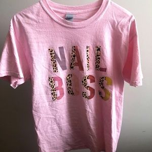 Pink and cheetah print nail boss t-shirt.